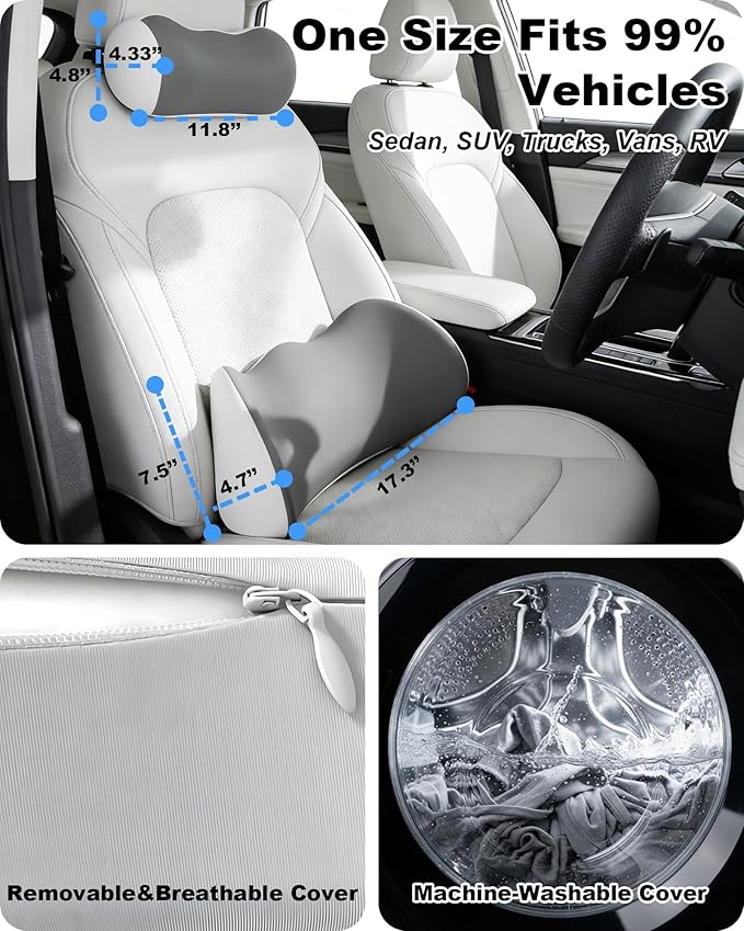Car Lumbar Support and Neck Support Headrest Pillow Kit, Ergonomic Memory Foam Cushion for Sciatica & Tailbone Pain Relief – Fits Car Seat, Office Chair & Wheelchair