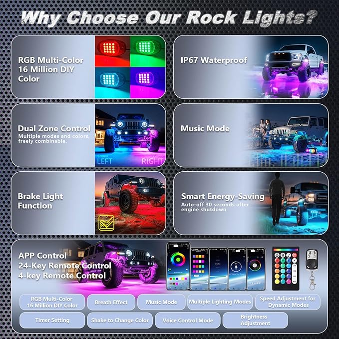 16Pods RGB LED Rock Lights for Trucks Pickup Jeep Gladiator Off-Road, Multicolor Underglow Light Kit with APP/RF Remote Dual Zone, Plug and Play&Pre Wired 12V Vehicle Underbody Accent Light Waterproof