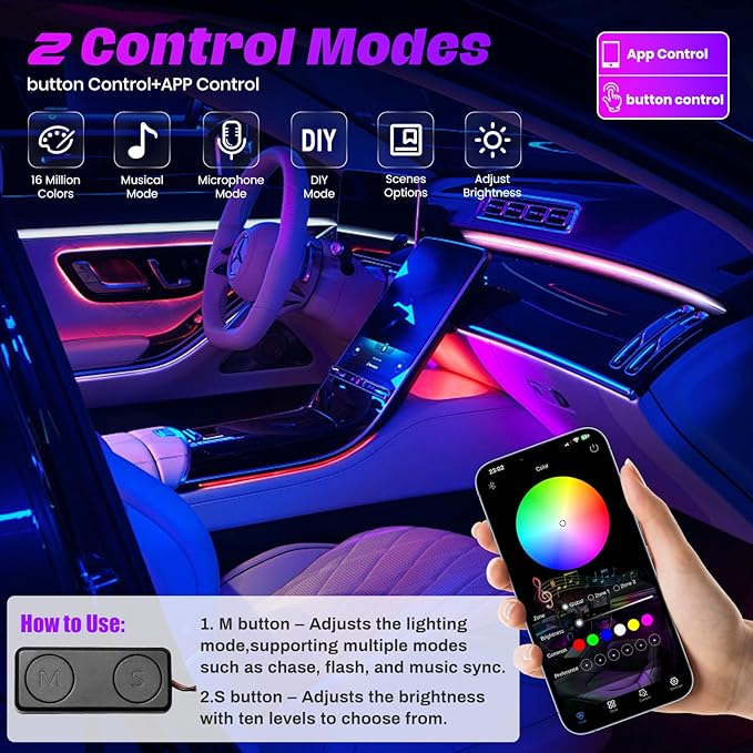 KENANEK Ambient Lighting Car Interior LED Strip Lights 18-in-1, 43.31inch Acrylic Dreamcolor Car Ambient Lighting Kit with Music Sync, APP Control, Interior LED Lighting for Cars SUVs Trucks