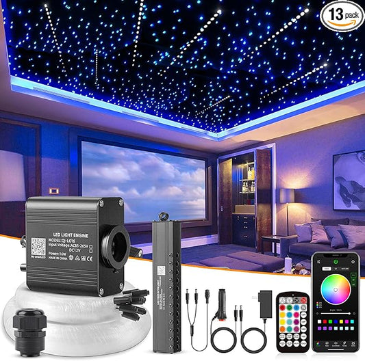 16W Meteor Twinkle LED Fiber Optic Lights, Bluetooth APP/Remote/Music Control RGBW Star Ceiling Light Kit+Adapter+Car Use Plug+Shooting Stars Light Kit, 450pcs*0.03in*9.8ft for Car/Home