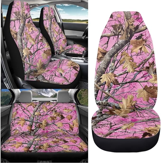 KEIAHUAN Camo Hunting Car Accessories Auto Front and Rear Seat Covers Fit Most Vehicle Truck,SUV, reathable Elastic Front Saddle Blanket Rear Split Bench Protection Cover, Pink