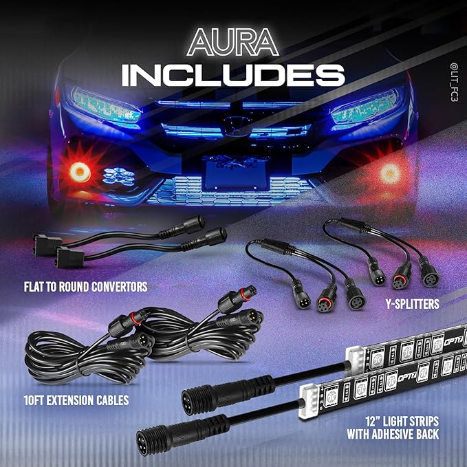 OPT7 Aura Single Row Expansion Pack - 2pc 12” RGB Multicolor LED Strips w/Splitters and Extension Wires for Interior, Wheel Well, Grille, Golf Cart, Car, Boat Underglow Lights