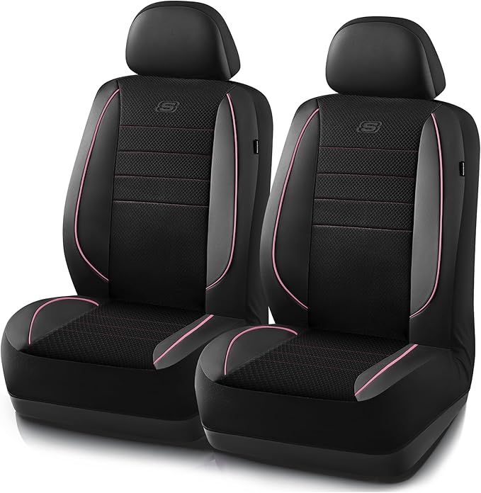 Skechers Air-Cooled Memory Foam Seat Covers,Mesh Thick Car Seat Covers,Piping Leather Car Seat Covers Front Seats,Airbag Compatible,Automotive Comfort Universal FitMost Cars,Vans,Truck,SUV,Pink