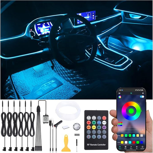 Car Atmosphere Light Kit 8m Fiber Optic RGB Multicolor Sound Active Music Sync Memory Function RF Remote Controller + Bluetooth APP Control 64 Colors USB Car Interior Ambient Lighting Kit 12V