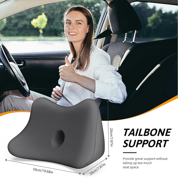 Benazcap Lumbar Support Pillow for Car, Lower Back Support Pillow for Sciatica & Back Pain Relief, 2 in 1 Memory Foam Seat Cushion for Office Chair, Car Seat -Gray