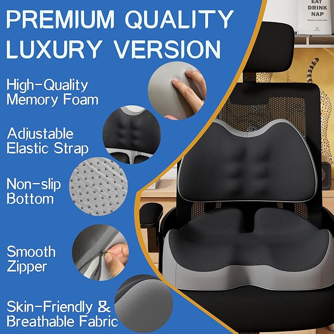 Benazcap Large Memory Foam Seat Cushion Lumbar Support Pillow for Sciatica & Tailbone Pressure Relief Coccyx Pad for Office Chair, Wheelchair, Car, Home, Office