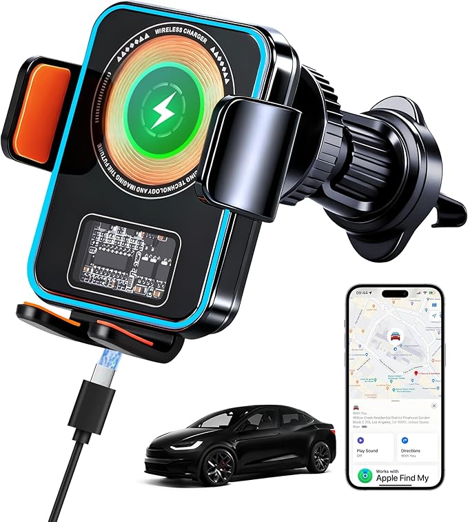 15W Fast Wireless Car Charger with Air Tracker Tag GPS Bulid in(iOS Only)-Air Vent Phone Mount, Works with Apple Find My, Hidden＆Undetectable (Wireless Car Charger with Tracker)