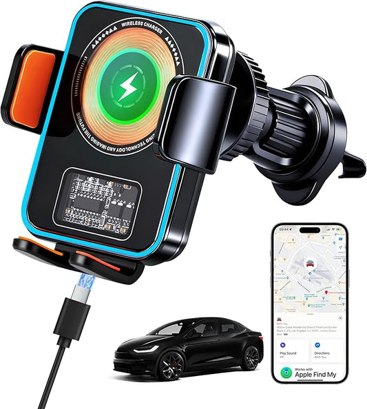 15W Fast Wireless Car Charger with Air Tracker Tag GPS Bulid in(iOS Only)-Air Vent Phone Mount, Works with Apple Find My, Hidden＆Undetectable (Wireless Car Charger with Tracker)
