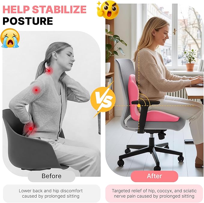 Ergonomic Seat Cushion, Office Chair Seat Cushions with L-Shaped Integrated Design, Memory Foam Orthopedic Cushion with Coccyx Hollow, Lumbar Support & Tailbone Pain Relief for Long Sitting (Pink)