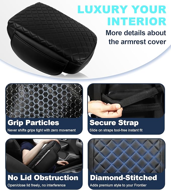 Armrest Cover for Nissan Frontier 2022-2025 Center Console Pad with Organizer Storage Pockets, Black Faux Leather Arm Rest Lid Protector Cushion D41 Interior Accessories