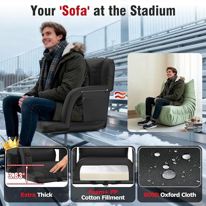 Suteck Extra Wide Heated Stadium Seats with Back Support, Portable Sofa Style Bleacher Chair with Back and Cushion, Armrest, Ideal for Outdoor Stadiums and Events -23" Wide 1 Pcs