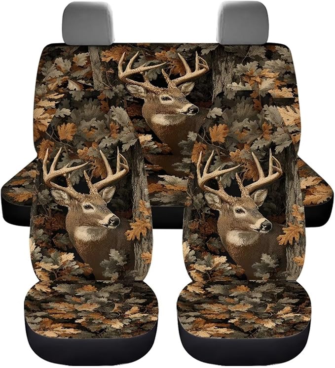 KEIAHUAN Car Seat Covers for Front and Rear Seat Full Set of 4 Pcs Camo Deer Hunting Design Front Saddle Blanket Rear Split Bench Protection Cover Automotive Interior Accessories