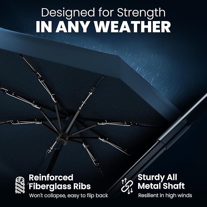 Rain-Mate Windproof Compact Umbrellas for Rain - Strong Reinforced Fiberglass Rib Design & Auto Open & Close - Portable Folding Travel Umbrella - Lightweight & Packable for Women & Men, Easy Collapse