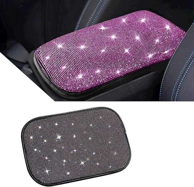 ZKFAR Pack-1 Bling Car Armrest Cover, 8.66" x 11.81" Cute Charming Auto Center Console Protective Cover, Luster Crystal Rhinestone Car Arm Rest Cushion Pad (Pink)