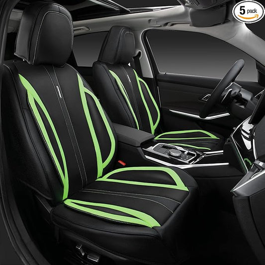 CAR PASS Fluorescent Green & Nappa Leather Seat Covers Full Set, with Backrest Cushion Protector Waist Protection Universal Fit for SUV Pick-up Truck, Automotive Vehicle Interior (Black Green)