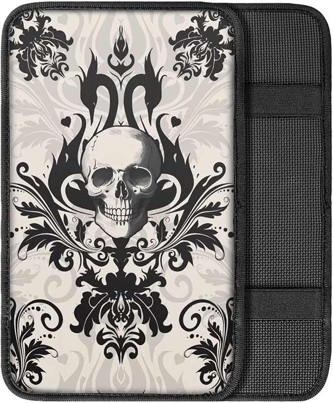 Dreaweet Gothic Skull Center Console Cover Halloween Car Accessories Interior Arm Rest Cover Pad Universal Comfort Car Armrest Storage Box Mat for SUV Truck