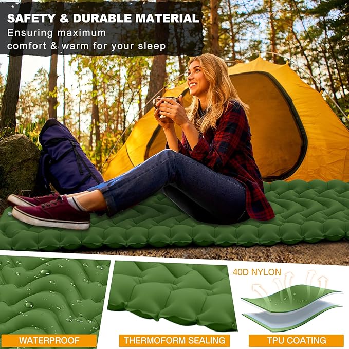 MEETPEAK Camping Sleeping Pad with Pillow, Extra Thickness Inflatable Camping Mat with Foot Pump, Durable Waterproof Lightweight Camping Air Mattress for Hiking Backpacking Traveling