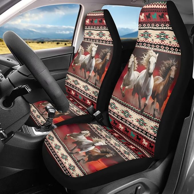 Aztec Ethnic Striped Horse Jigsaw Puzzle Print Car Seat Cover Front Seats Only Full Set of 2, Universal Bucket High Back Car Front Seat Covers