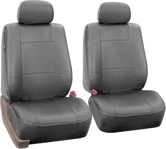 FH Group Classic PU Leather Pair Set Car Seat Covers, Airbag Compatible with Gift - Universal Fit for Cars Trucks & SUVs (Solid Gray) PU002102