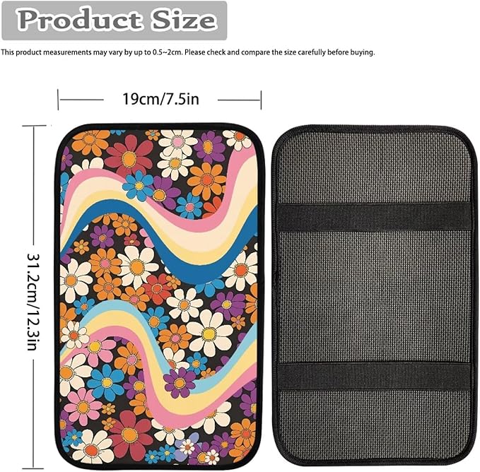 Hippie Floral 70s Car Center Console Cushion Pad Flower Hippy Armrest Box Protector Cover Universal Fit Dustproof Car Arm Rest Cover Auto Interior Decoration