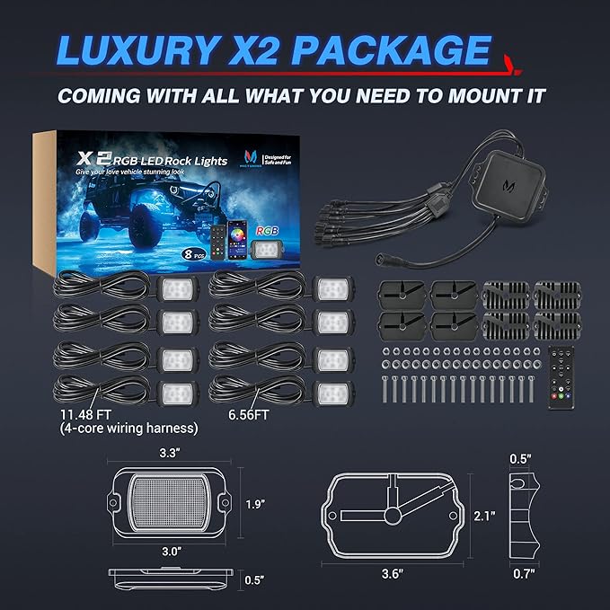 MICTUNING 2026 Upgraded X2 RGB Rock Lights Kit, APP & Remote Dual Control, 8 Pods Neon Light Lighting Kit, IP68 Waterproof, Music Sync, Strobe Effects for Trucks, Boat, RV, ATVs, UTVs
