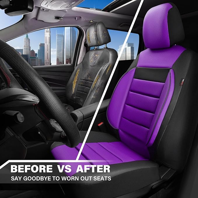 CAR PASS Leather Car Seat Covers Front Seats Only, Universal Fit 3D Foam Support Car Seat Covers for Trucks Vans SUVs Comfortable Automotive Interior Airbag Compatible 2 Pieces (Black Purple