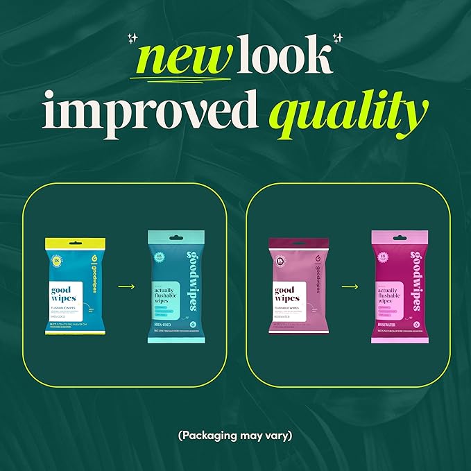 goodwipes Flushable Wipes Travel Size - Extra Large Adult Wet Wipe - On-the-Go Portable Wipes - Sewer & Septic Safe - Hygiene Essentials - Shea Coco & Rosewater, 108 Count (6 Packs)