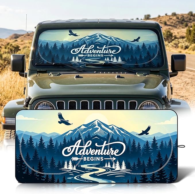 63"x28.5" Car Windshield Sun Shade with Storage Pouch, Stylish Printed Front Window Sunshade with Double Ring Frame, Universal Fit Foldable Heat Blocker & UV Protector for SUV, Sedan (Adventure-Peak)