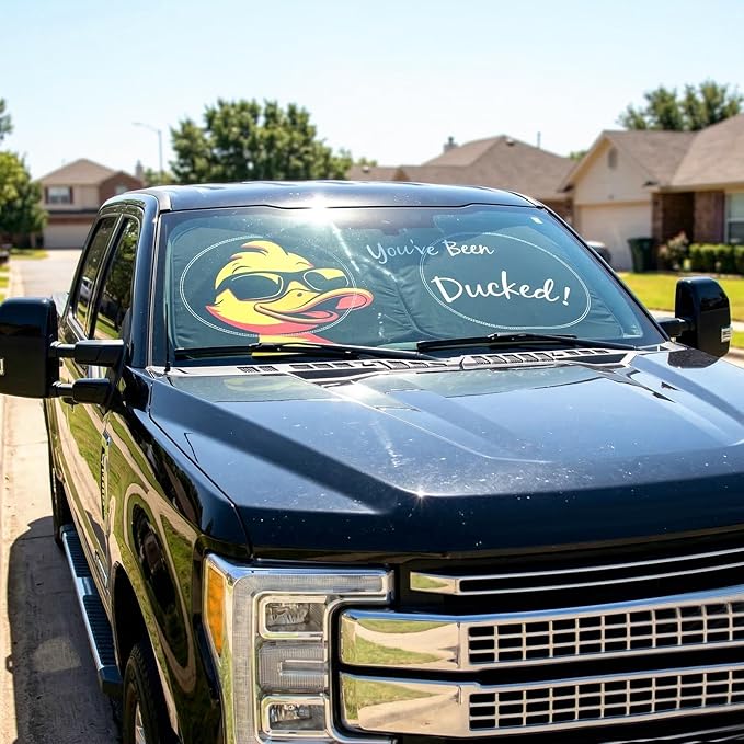 63"x28.5" Car Windshield Sun Shade with Storage Pouch, Stylish Printed Front Window Sunshade with Double Ring Frame, Universal Fit Foldable Heat Blocker & UV Protector for SUV, Sedan (Duck)