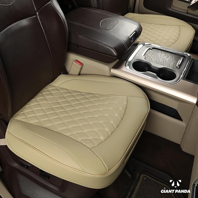 GIANT PANDA Bottom Seat Cover for Trucks&SUV, Front PU Leather Driver Seat Protector Fit for Chevy,Ram,Toyota,GMC,Ford F150 F-Series (2PCS-Beige)