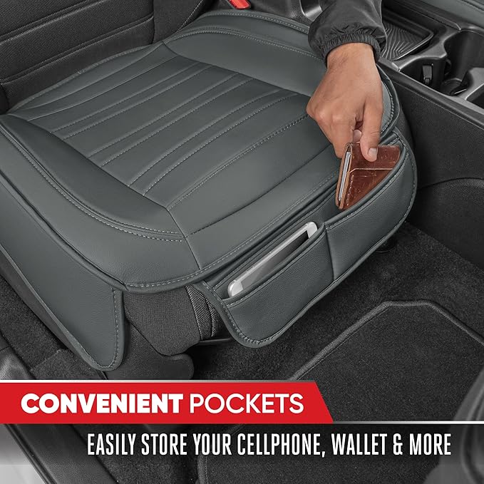Motor Trend Seat Covers for Cars Trucks SUV, Faux Leather 2-Pack Gray Padded Car Seat Covers with Storage Pockets, Premium Interior Seat Cover