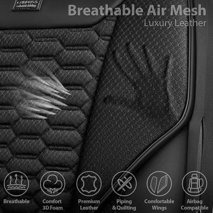 CAR PASS 3D Foam Mesh Leather Car Seat Covers Front Seats, Leather Mesh Front Seat Covers for Car,Breathable Universal Fit for SUV Truck Sedan Van Automotive, Armrest Airbag Compatible,Black
