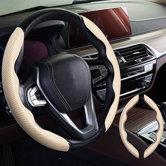 WOCOCN 2pcs Car Steering Wheel Cover,Anti-Skid Carbon Fiber Steering Wheel Protector for Men Women,Multiple Color Options,Universal for Most Car Interiors Accessories (Beige)