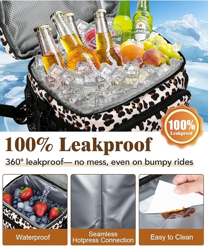 Insulated Lunch Bag for Men & Women, 9L Leakproof Lunch Box Soft Cooler Tote with 5 Pockets, 600D Oxford, EVA Lining, Adjustable Strap for Work, Picnic, Beach&Travel-Leopard Print
