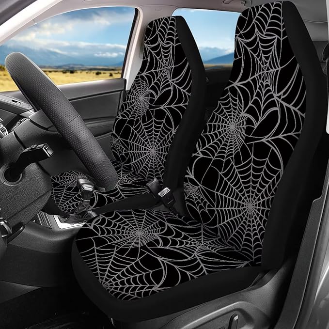 KEIAHUAN Halloween Spider Web Front and Back Car Seat Covers Front Saddle Blanket Rear Split Bench Protection Cover Fit Most Vehicle Truck,SUV (Black)