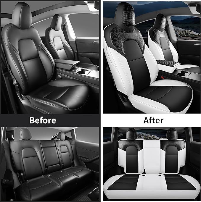 Red Rain Seat Cover Custom Fit for 2020-2024 Tesla Model Y Car Seat Cover Crocodile Leather Black and White Seat Cushion Covers (ModelY-Black+White-2020/2024)