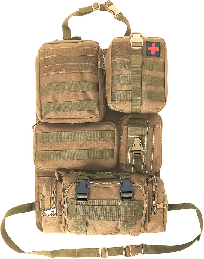 Universal Tactical Seat Back Organizer Vehicle Molle Panel Organizer Storage Bag with 5 Detachable Molle Pouch for All Vehicel Such as Jeep,Truck,SUV, Car, Ford,Chevy etc