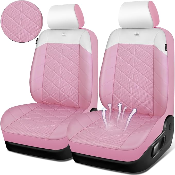 CAR PASS Nappa Leather Waterproof Car Seat Covers Two Front, 3D Foam Comfortable Automotive Seat Covers with Rhombic Design, Airbag Compatible Universal Fit for Most SUV Truck Sedan, Pink White