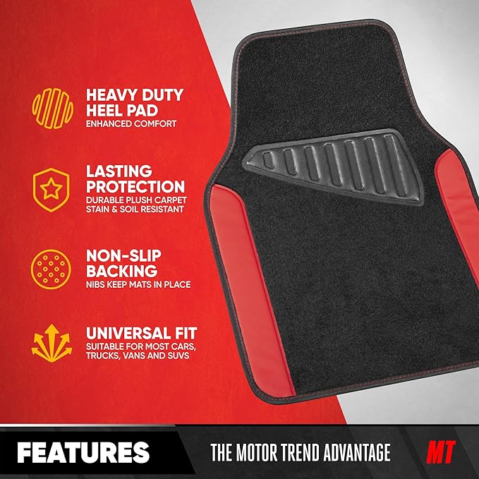 Motor Trend Waterproof Car Floor Mats Universal Fit Car Mats with Driver Heel Pad Leather Car Carpet Floor Mats for SUV Van Sedan Truck Anti-Slip Backing Carpet Mats Black and Red
