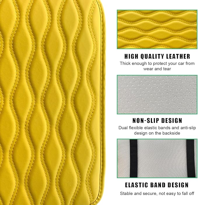 Car Center Console Pad, Waterproof Auto Armrest Seat Box Cover, PU Leather Arm Rest Protector Cushion Pad, Universal Vehicle Interior Protection Accessories for Car SUV (Yellow)