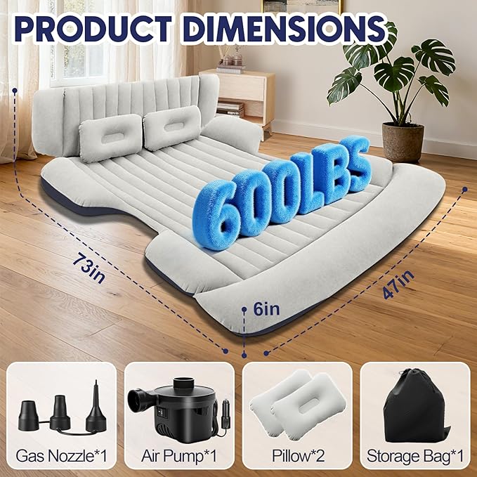 SUV Air Mattress with Air Pump,Thickened Camping Bed with 2 Pillows,Portable Car Air Mattress,Quick Easy Set-Up,Inflatable Bed for Car,Durability car Bed for SUV, Home,Travel,Camping(GreyBlue)