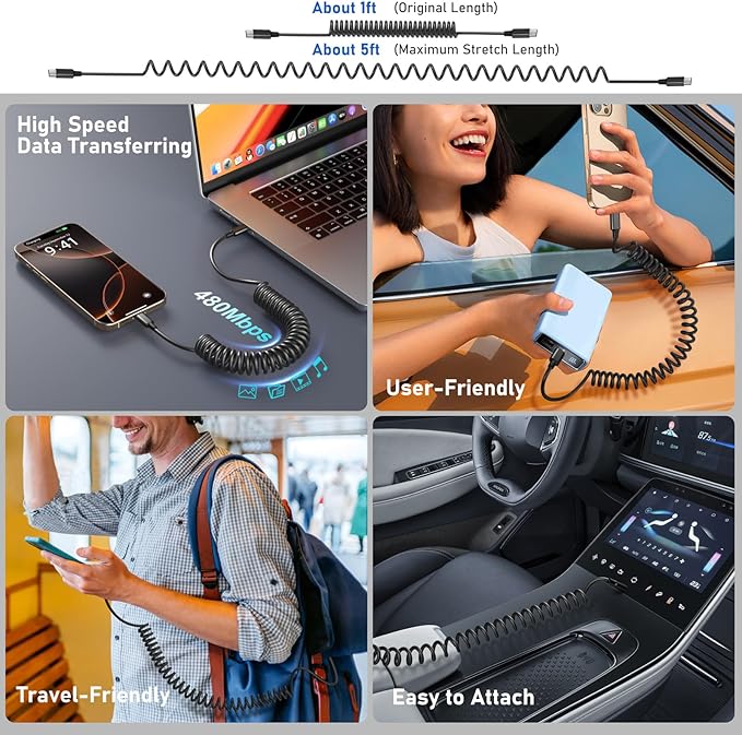 USB C Car Charger, 3 Pack 65W Multi Port Car Cigarette Lighter Adapter with 3 Pack 60W Retractable USB C Cable for iPhone 16e 16 15 Pro Max, Galaxy A16 A54 S25