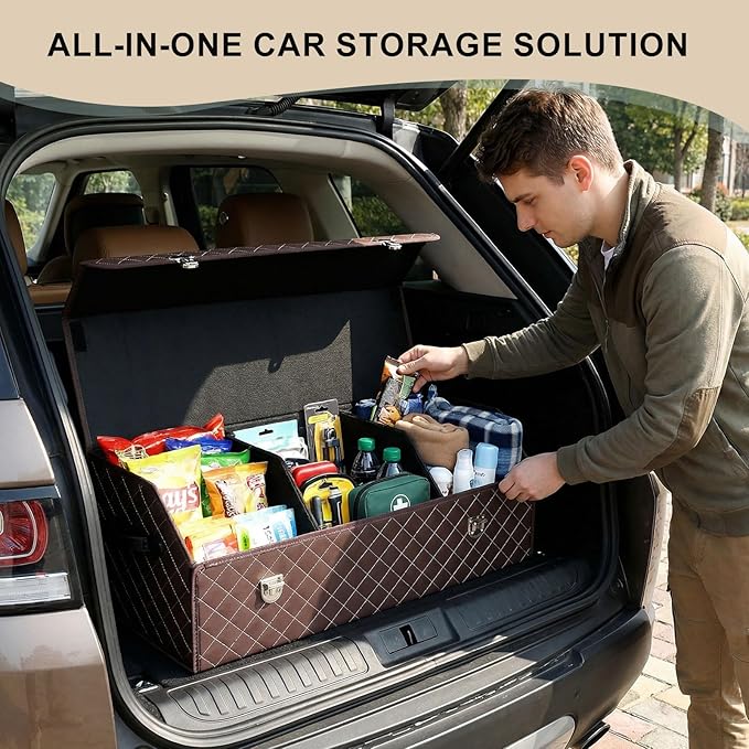 Trunk Organizer with Lid for Car Foldable Storage Box Heavy Duty PU Leather Cargo Organizer for SUV Sedan Waterproof (Brown, Large)