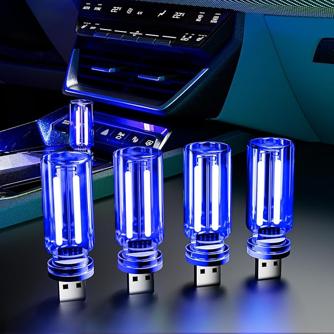 4 PCS USB Night Light, Touch Dimmable Mini USB LED Car Interior Ambient Lights, Portable Plug-in Glass Bottle Night Lamp for Car, Tent, Desk, Bedside(4 Blue)