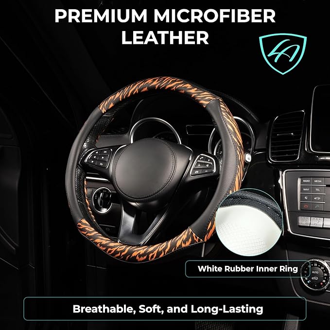 Lord Autofashion Steering Wheel Cover – PU Leather, Non-Slip Rubber Inner, All-Season Comfort – 14.5–15 Inch (Black/Tiger 8684)