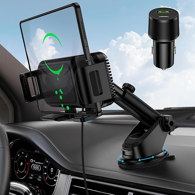 Wireless Car Charger Mount, 15W Dual Coil Rotatable Car Phone Holder Wireless Charger for Samsung Galaxy Z Fold 7/6/5/4/3/2, Z Flip, S25/S24/S23/S22 Series and iPhone, Car Charger Included