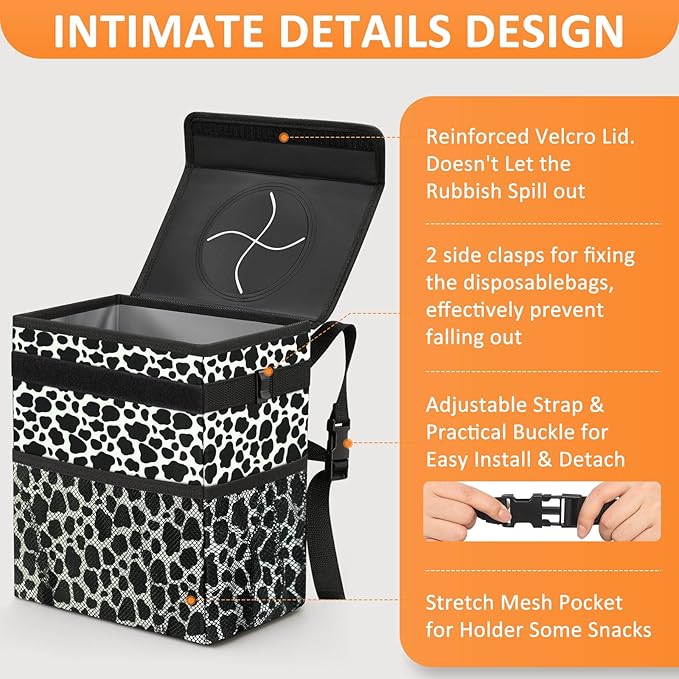 3 Gallons Car Trash Can with Lid, Car Bag Bin Hanging Waterproof Automotive Garbage Cans Leak Proof Vehicle Trash Can Cow Print