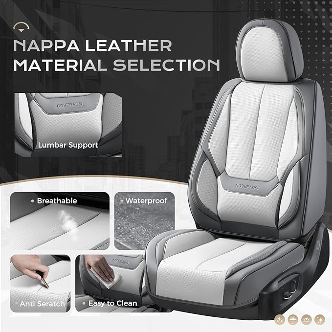 Coverado Seat Covers, Car Seat Covers Front Seats, Leather Seat Covers for Cars, Car Seat Protector Waterproof, Car Seat Cushion, Front Carseat Cover Universal Fit for Most Cars Gray-White