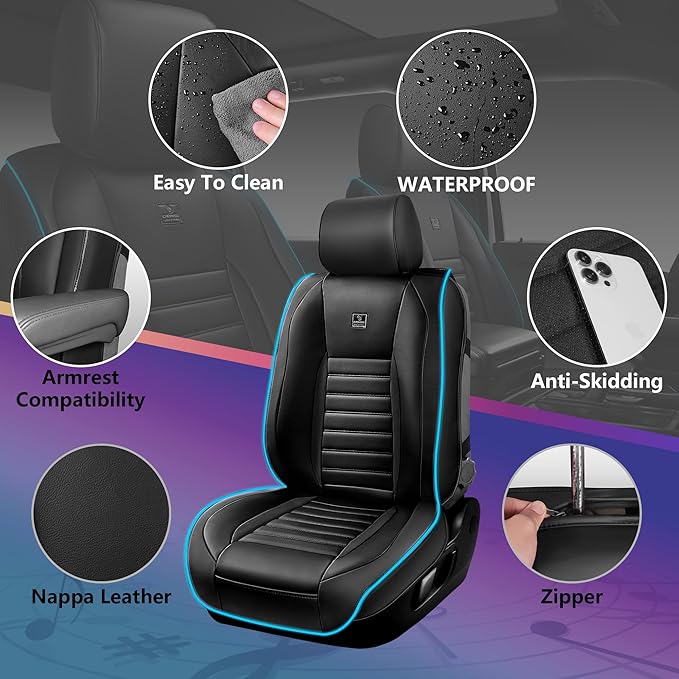 CAR PASS LED Lights Nappa Leather Car Seat Covers Front Seats, Waterproof Seat Cover for Cars Variable RGB Lights with DIY Music Sync Mode, All Weather Universal Fit Trucks SUV Automotive Pick-up