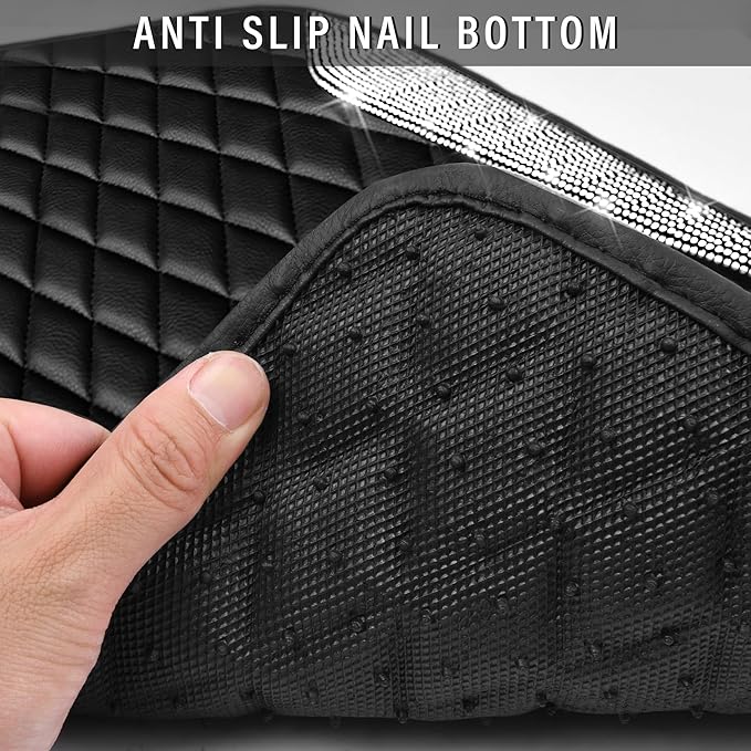 CAR PASS Bling Leather Car Mats Shining Diamond Floor Mats Crystal Rhinestone Sparkly Glitter Carpet Anti-Slip Waterproof Pad Universal Fit Automotive SUV, Sedan, Van, 5pcs Girl Women, Black Silver